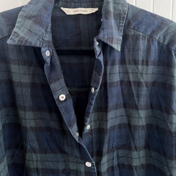 Zara Basic Button Down Blue and green Cotton Flannel with Silver Buttons - Picture 3 of 3